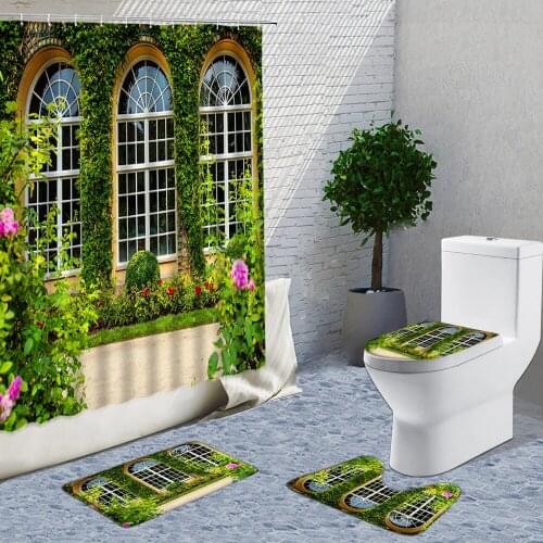 Green Leaf Vines And Glass Courtyard Window Landscape Bathroom Curtain Shower Curtain Set Bath Mats Rugs Home Toilet Decor Cloth