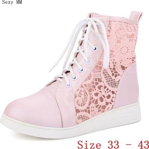 High Quality Summer Spring Cut-Outs Woman Flat Ankle Boots Lace-Up Women Flats Casual Shoes Short Boots Plus Size 33-40.41,42,43