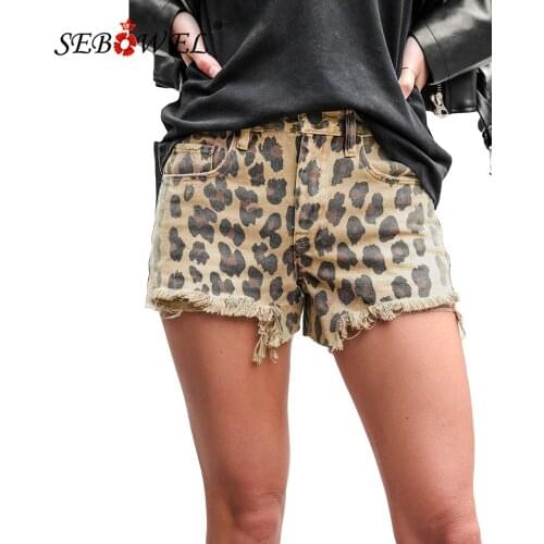 Womens Retro Leopard Frayed Hemline Jean Shorts Summer Fashion Streetwear Female Mid Waist Denim Shorts S-XL