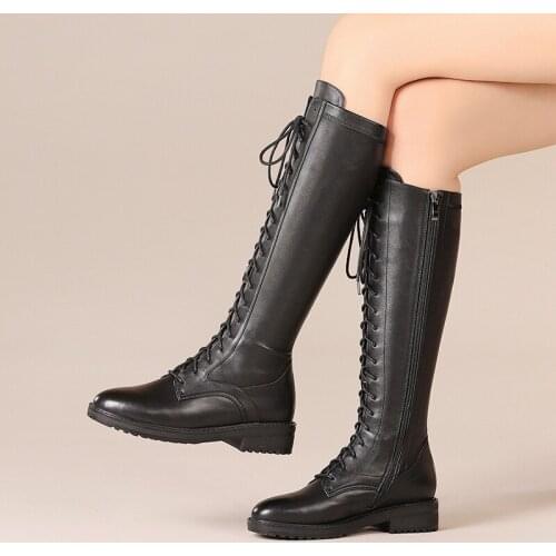 2019Winter warm natural cowhide lace-up high knee boots fretwork zipper genuine leather boots women stars metal decoration shoes