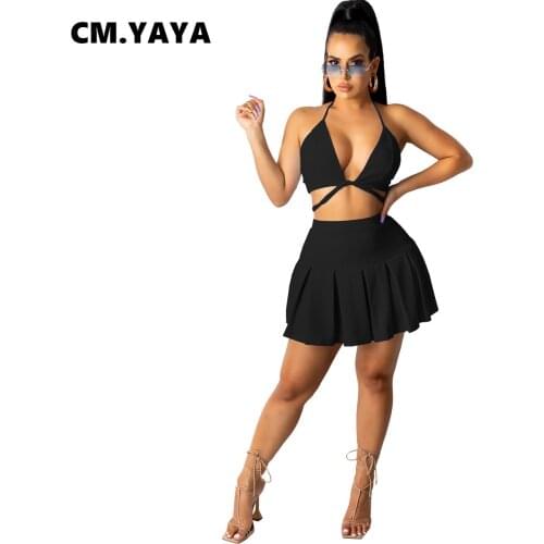 CM.YAYA Women Set Solid Bandage Halter Backless Crop Tops Mini Pleated Skirts Two 2 Piece Sets Sexy Fashion Outfits Summer 2021