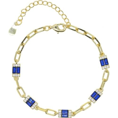 Gold Color Bracelet with blue green white red Square Shape CZ Crystal paved link chain Bracelet Valentines Day Gift Wholesale