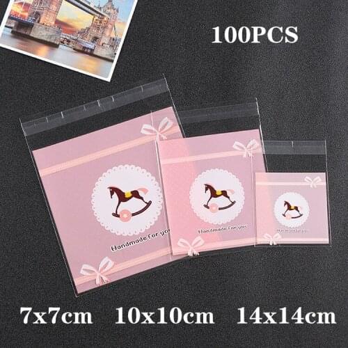 100 pcs plastic bag transparent self-adhesive bag cartoon cat rose flower biscuit jewelry gift bag wedding party cellophane bag