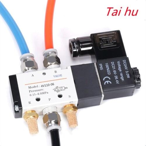 4V110-06 5 Way 2 Position 1/8" Pneumatic Solenoid Valve DC 24V DC 12V AC 110V AC220V with 4mm 6mm 8mm Fitting