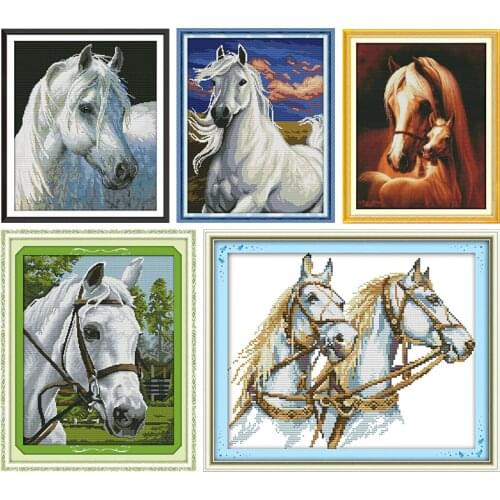 White Horse Stamped Cross Stitch Kit Embroidery Needlework Printed 11CT 14CT Counted Patterns Canvas Crafts Home Decoration Set