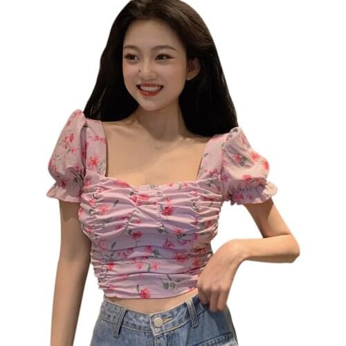 Retro Floral Print Blouse Slim Fit Pleat Blusas Square Collar Short Sleeve Shirts Cropped Bustier Tops & Shirts