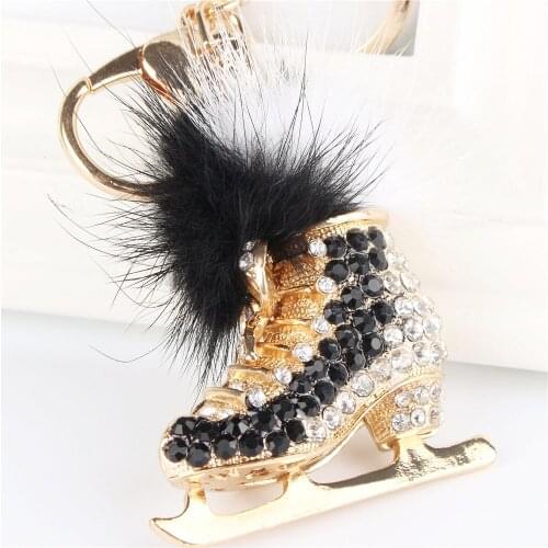 Black Roller Skates Shoe Feather Pendant Charm Rhinestone Crystal Purse Bag Keyring Key Chain Accessories Wedding Party Gift