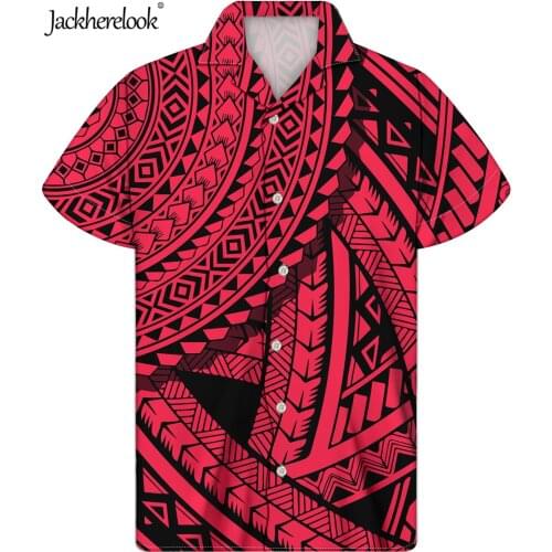 Jackherelook Summer Hawaiian Shirt for Mens Red Polynesain Tribal Tattoo Print Plus Size s Turn-down Collar Top Clothing 2021