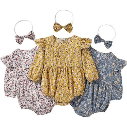 Infant Baby Girl 2Pcs Flower Printed Jumpsuit Set, Long Fly Sleeve Ruffled Hem Triangle Bodysuit with Headband Spring and Autumn