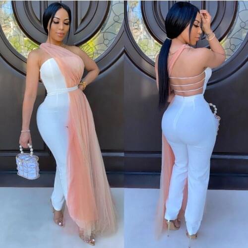 Mesh Halter Sleeveless Zipper Waist Mesh Perspective Sexy Nightclub Jumpsuit Back Zipper Hollow Out Romper Overalls For Women
