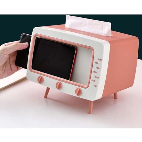 Creative TV Tissue Box Dispenser Storage Napkin Case with Mobile Phone Holder