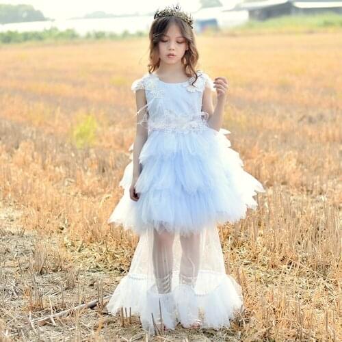 Girls Lace Tutu Dress Kids Dresses for Girls Childrens Party Wedding Dress Feather Elegant Dress for Girls Leading Evening Gown