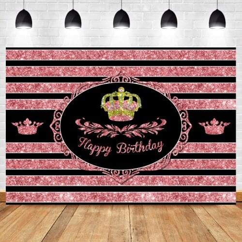 Laeacco Pink Black Stripe Crown Glitters Happy Birthday Party Backdrop For Photography Customized Banner Poster Photo Background
