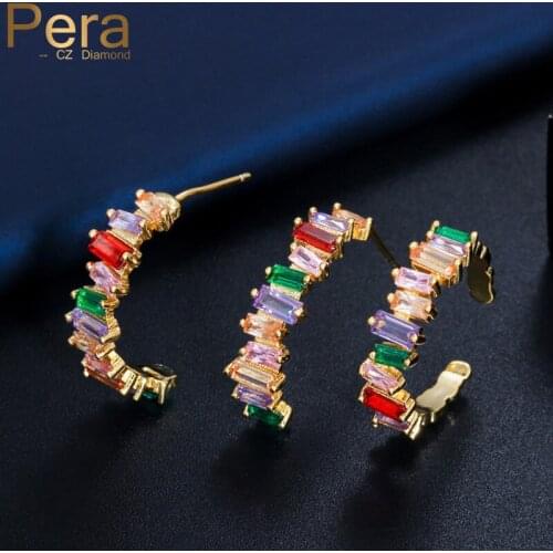 Pera Fashion Irregular Colorful CZ Stone Yellow Gold Half Circle Round Earrings and Adjustable Rings Jewelry Sets for Women J273