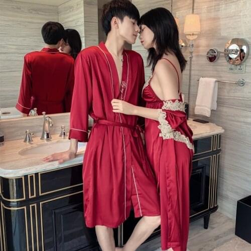 Lover Night Suit Satin Silk robe + shorts & robe+nightdress Pajamas Sets Couple Sleepwear Family Pijama
