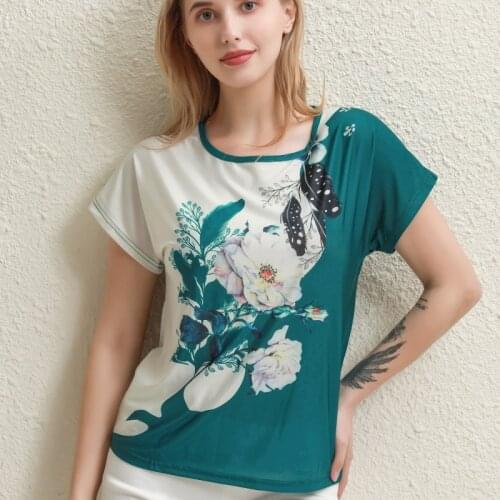 2021 New Summer Women Silk Satin Blouses Plus Size Batwing Sleeve Vintage Print Floral Blouse Ladies Casual Short Sleeve Tops