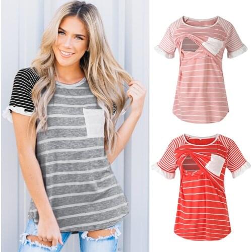 New Summer Casual Womens Maternity Blouse Short Sleeve Striped Nursing Tops T-shirt For Breastfeeding Women Pregnancy Shirts