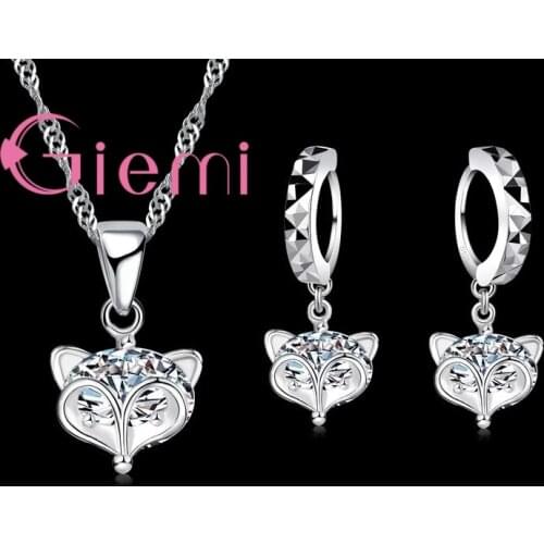 Adorable Animals Cute Fox Shape 925 Sterling Silver Pendant Necklace Earrings Jewelry Set For Woman Party Hot Sale Gifts