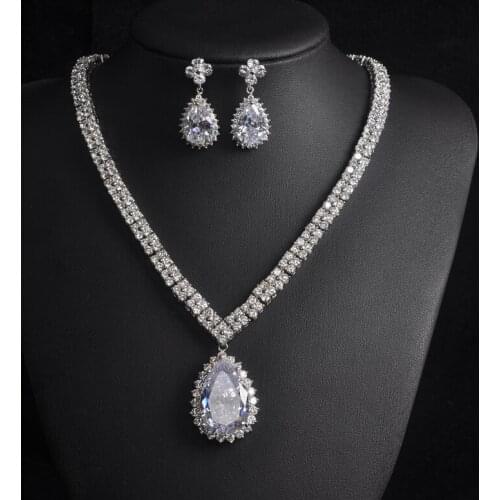 Clear Big Water Drop Shape Pendant Necklace Set Full Cubic Zirconia Stone Jewelry Sets Women Bridal Dress Accessories S-010
