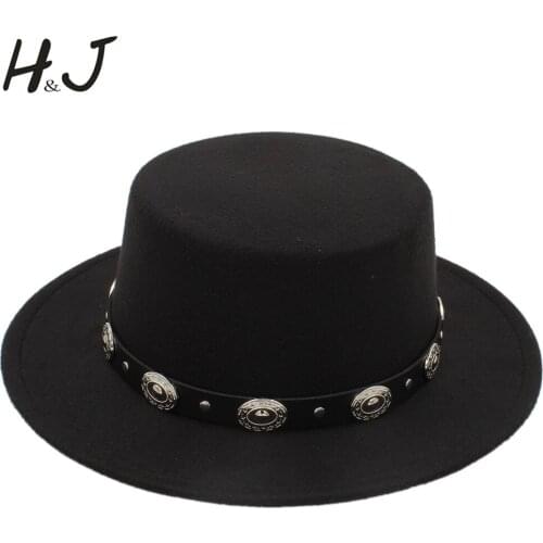 9Color Women Flat Homburg Fedpra Hat For Winter Autumn Elegant Hat Wool Pork Pie Boater Hat With Punk Belt Tocados Invitada Boda