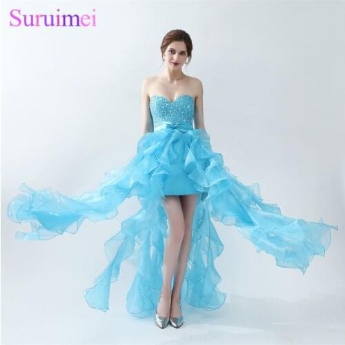 Light Blue Prom Dresses Short Front Long Back Beaded Organza Bow Knot Front Long Prom Gown Girls Party Dresses