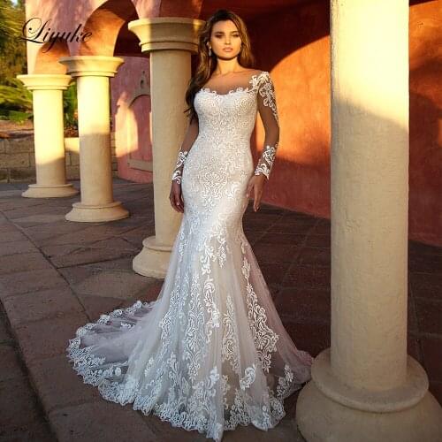Liyuke Gorgeous Scoop Neckline Mermaid Wedding Dress With Full Sleeve Trumpet Wedding Gown