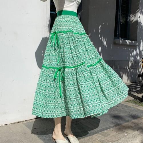 Summer Vintage Long Cotton Skirts Side Bowknots Patchwork Geometric Printed A-line Ankle Long Boho Skirts Green Red