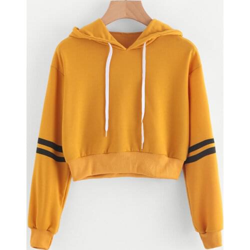 Women Cropped Hoodie Striped Loog Sleeve Hooded Sweatshirt Crop Pullover Casual Fleece Female Short Top