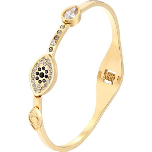 Beautiful Eye Shape Crystal Woman Bracelets & Bangle Stainless Steel Spring Open Gold Color Plated Bangle Fashion Jewelry