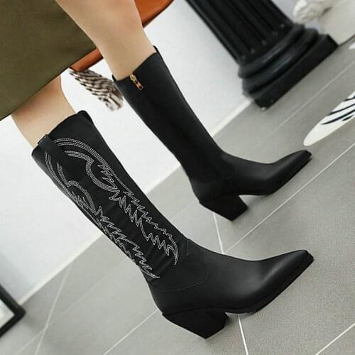 Black Yellow Women Knee High Boots PU Leather Ladies Square High Heel Shoes Fashion Pointed Toe Zipper Ladies Calf Boots 2021