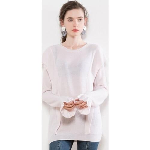 AECU Sweater Female Women O-neck Ruffles Pullovers Lotus Leaf Sleeve Sweater For Women Ladies OL Knitted White Jumpers Female
