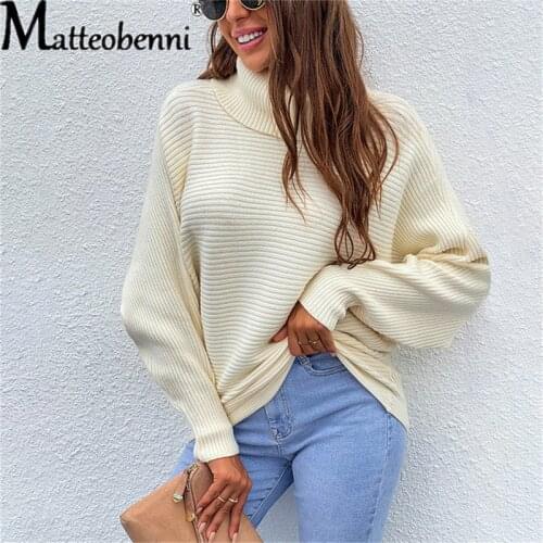 2021 Winter Turtleneck Knitting Women Autumn Solid Bat Sleeve Loose Sweater Women Casual Jumper Ladies Loose Oversized Sweaters