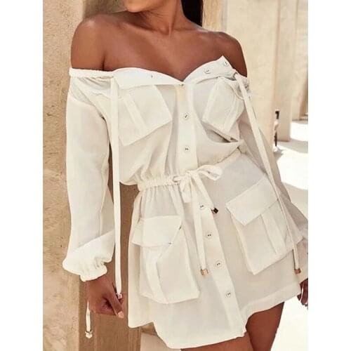 Foridol Casual White Cotton Dress Pockets Women Off Shoulder Long Sleeve Spring Summer Short Dress Button Up Dress Female