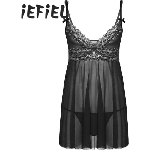 IEFiEL Mens Sissy Sheer Lace Mesh Lingerie Deep V Neck Lace Trim Chemise Babydoll Sleepwear Exotic Dresses Sexy Sissy Underwear