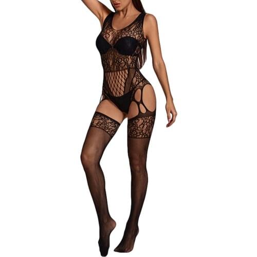 Women Sleeveless Sexy Lingerie Reversible Hollow See-through Mesh U-shaped Neck Jumpsuit