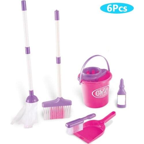 6Pcs Kids Simulation Broom Mop Bucket Brush Cleaning Tool Pretend Broom Bucket Sanitation Cleaning House Cleaning Toy Set