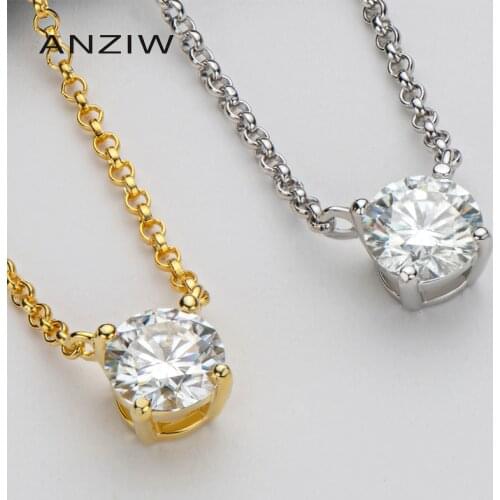 ANZIW 925 Sterling Silver Moissanite Necklace Diamond 1ct 6.5mm Round Pendant For Woman Fine Jewelry Gift Chain Length 40+2+3cm