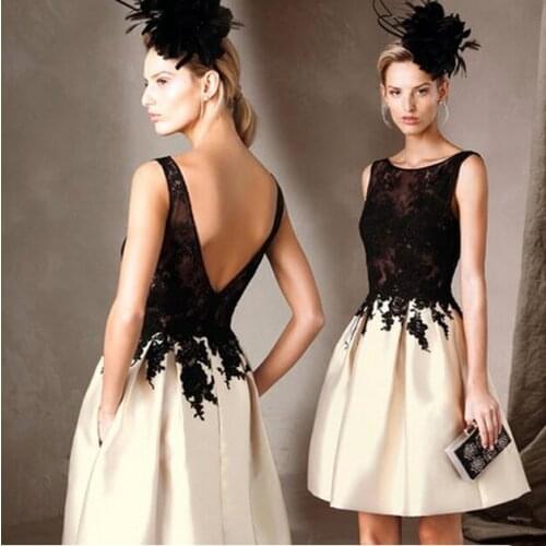 Free shipping custom size Short Cocktail Dress Lace apploques Champagne black Bridal Gowns Prom Dresses Vestido De Noiva