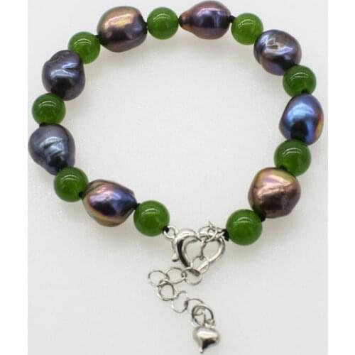 Freshwater pearl bracelet black baroque 9-12mm and green jade 8mm round 7.5inch nature FPPj wholesale beads