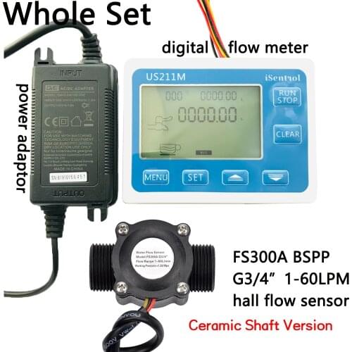 US211M Digital Flow Meter Display Totalizer Flow Measurement with Nylon Water Flow Sensor FS300A G3/4" Turbine Flowmeter iSentro