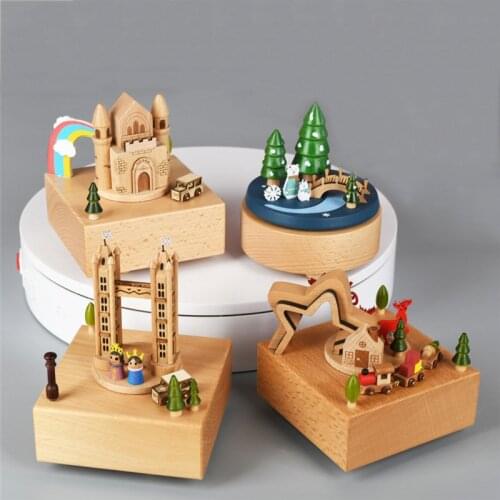 Wooden Rotating Music Box Hand-Carved Cartoon Music Box Home Decoration Accessories Childrens Toys Christmas Birthday Gift