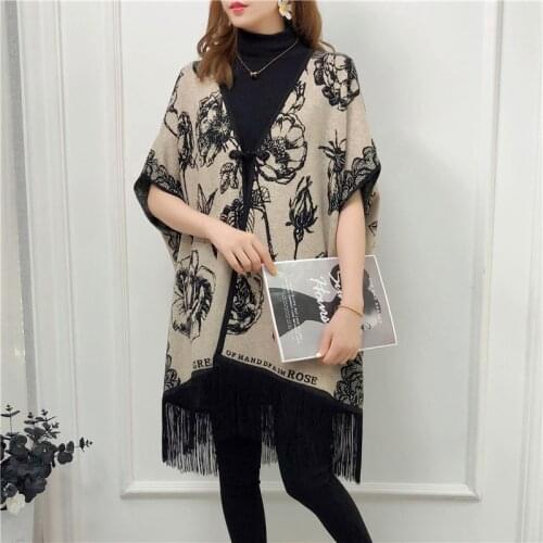 2020 Wrap And Swing V Neck Print Flower Cloak Women Party Overcoat Long Autumn Knitted Cardigan Cape Sleeveless Tassel Red Coat