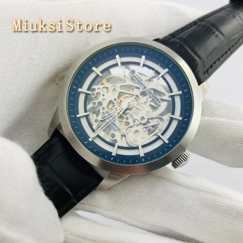 Mens Top Brand PAGANI DESIGN Skeleton Mechanical Watch Silver Case Transparent Dial Genuine Leather Mens Automatic Watch