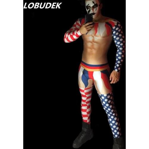 Muscle Male Personality Pattern Skinny Jumpsuit Sexy Nightclub Bar Party Pole Dance Stage Costume Acrobatic Performance Leotard