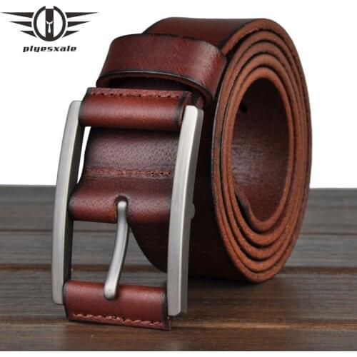 Plyesxale Men Belt Alloy Pin Buckle Advanced Leather Belts Jeans Casual Original Cowhide Waistband Youth Belt Handmade B784