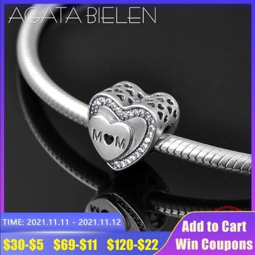 Hollow heart letter MOM shape Authentic 925 Sterling Silver fine beads Fit Original europeu Charm Bracelet Jewelry making
