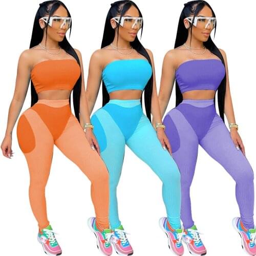 Casual Sportswear Patchwork Knitted Rib 2 Piece Outfits Sexy Off the Shoulder Tube Crop Top + Leggings Slim Two Piece Set Jogger