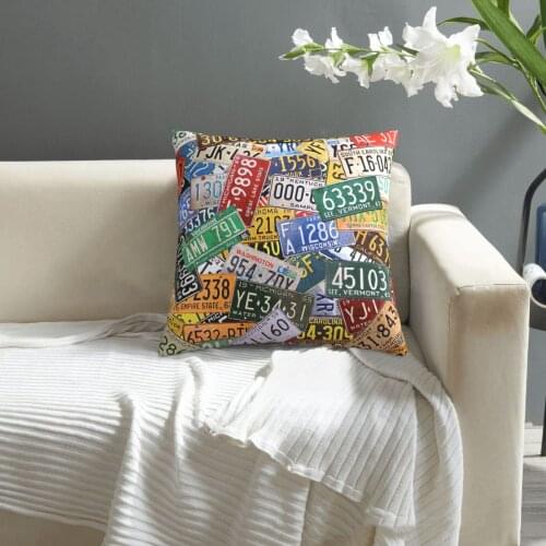 Colorful Assorted Vintage License Plates 50 States print Cushion Cover Decorative Pillowcase Chair Seat Square Car Pillow