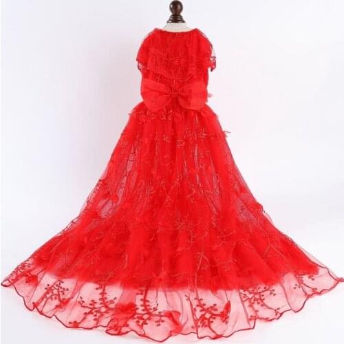 Handmade Luxury Red Dog Wedding Dress Trailing Pet Gown Embroider Lace Flowers Simple Design Marriage Party Holiday Cat Clothes