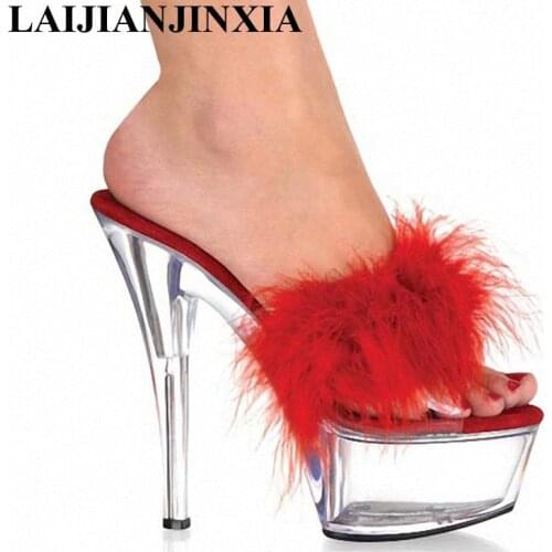 LAIJIANJINXIA Sexy Crystal 15CM Super High Sexy Feather Design Super Slippers Platforms heels lady 6 inch high heel Shoes Slides